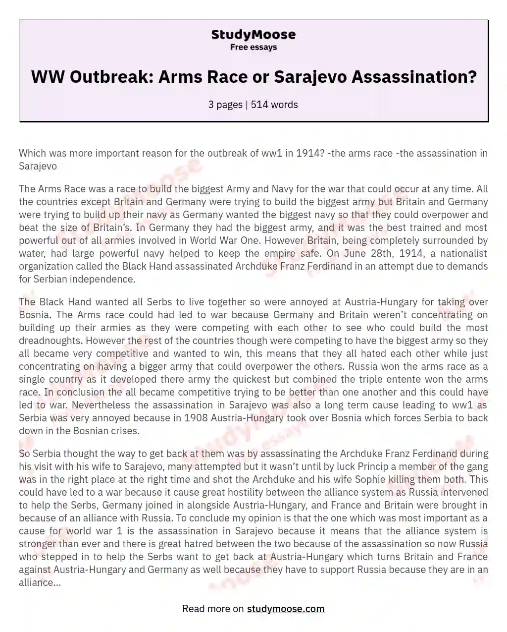 Which was more important reason for the outbreak of ww1 in 1914? -the arms race -the assassination in Sarajevo