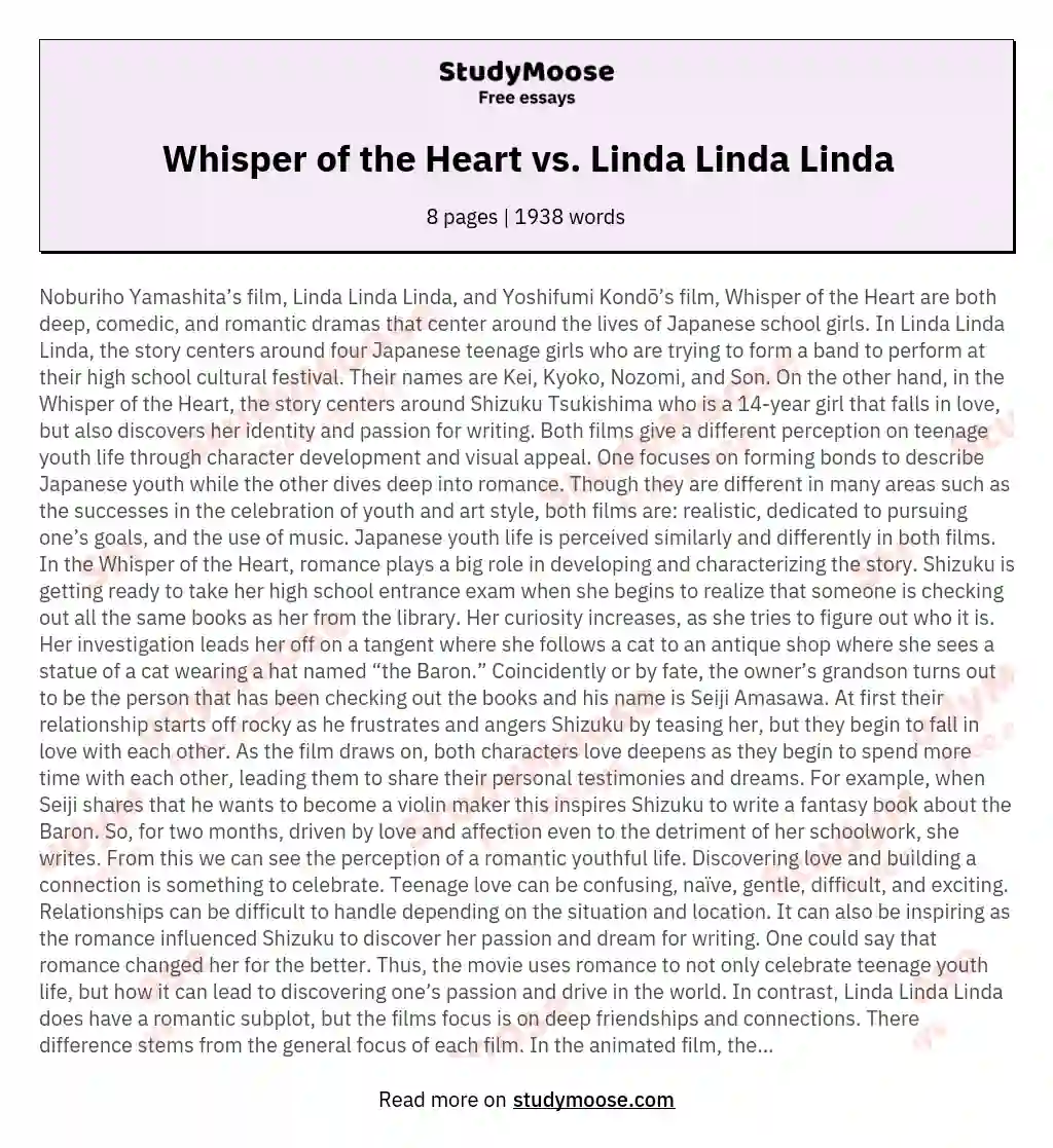 Whisper of the Heart vs. Linda Linda Linda essay