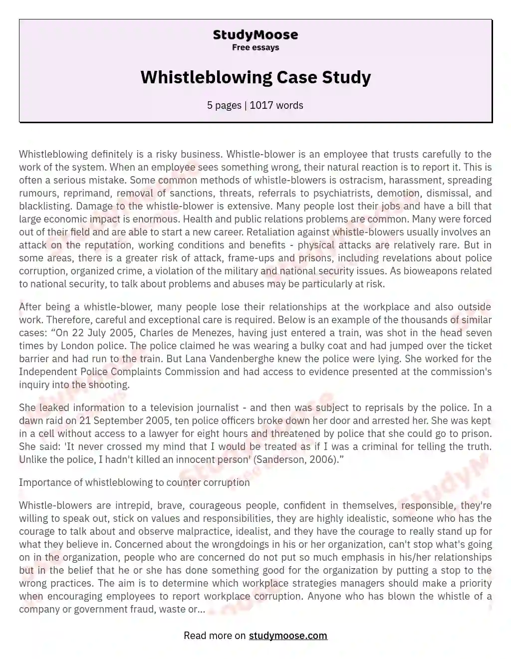 Whistleblowing Case Study essay