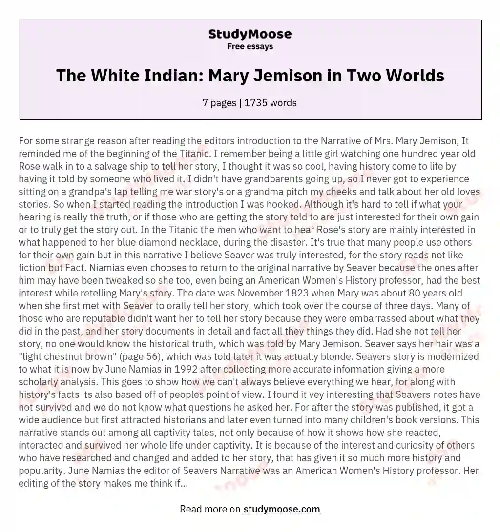 The White Indian: Mary Jemison in Two Worlds essay