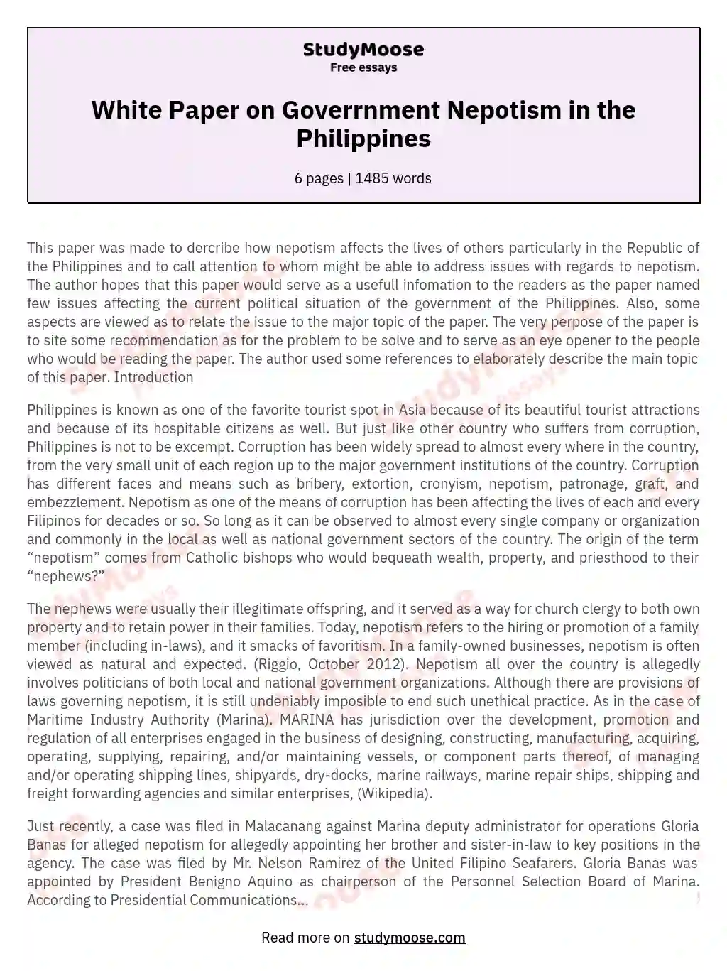 White Paper on Goverrnment Nepotism in the Philippines essay