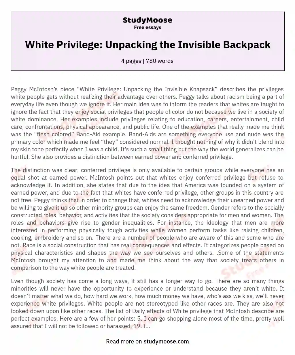 White Privilege: Unpacking the Invisible Backpack essay