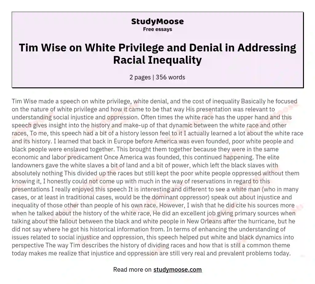 Tim Wise on White Privilege and Denial in Addressing Racial Inequality essay