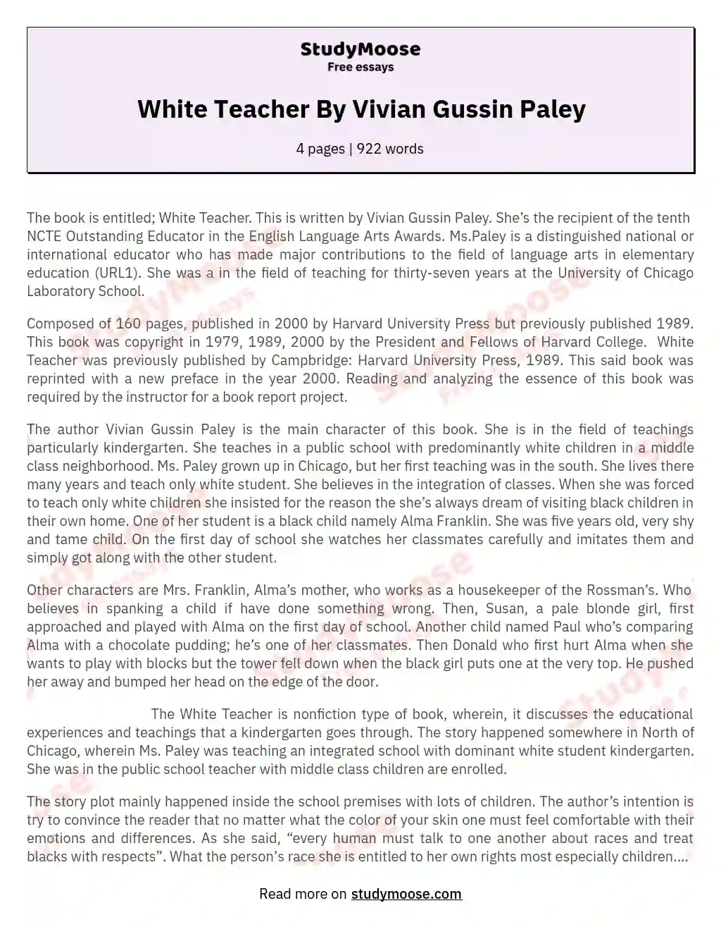 White Teacher By Vivian Gussin Paley essay