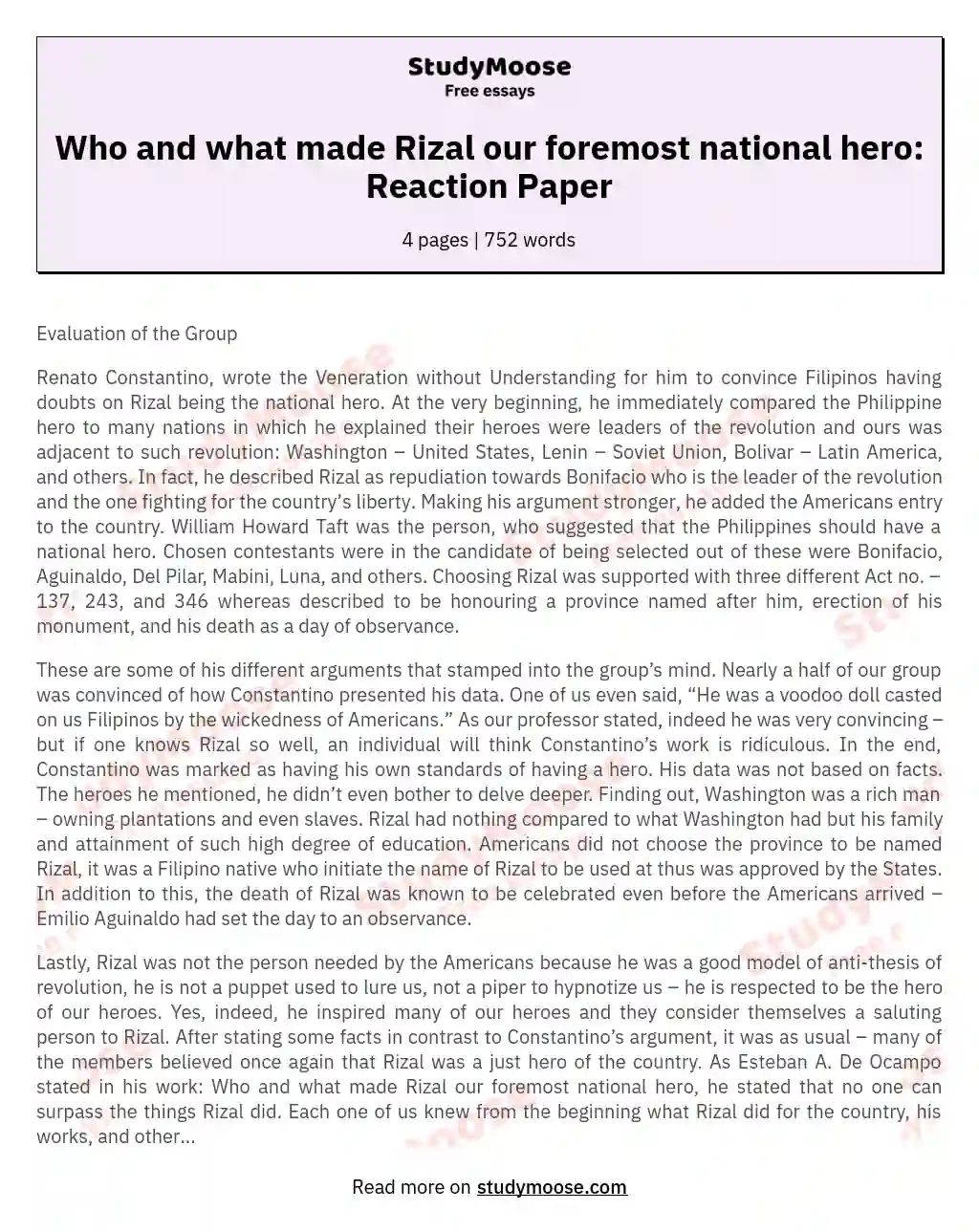 Who and what made Rizal our foremost national hero: Reaction Paper essay