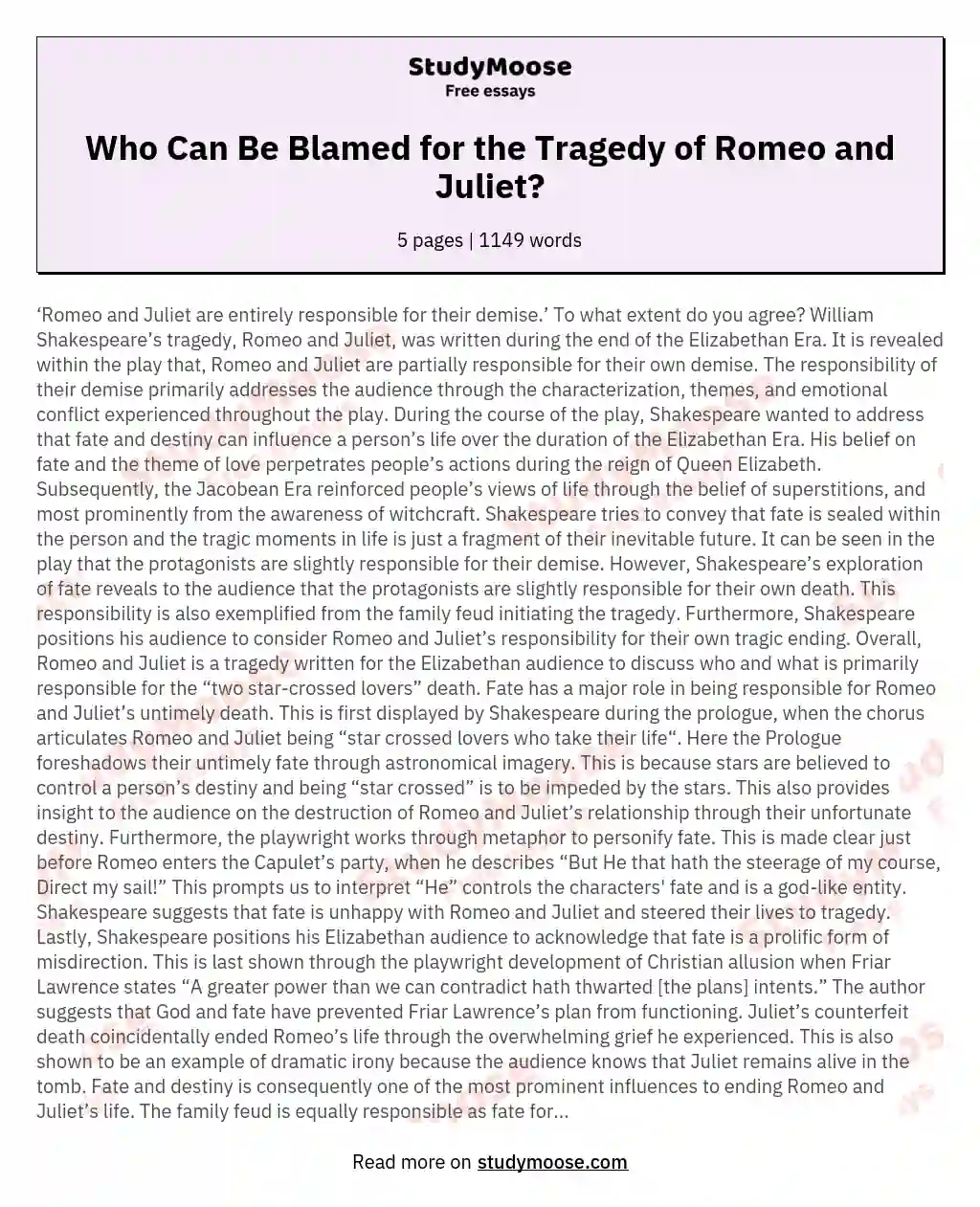 Who Can Be Blamed for the Tragedy of Romeo and Juliet?