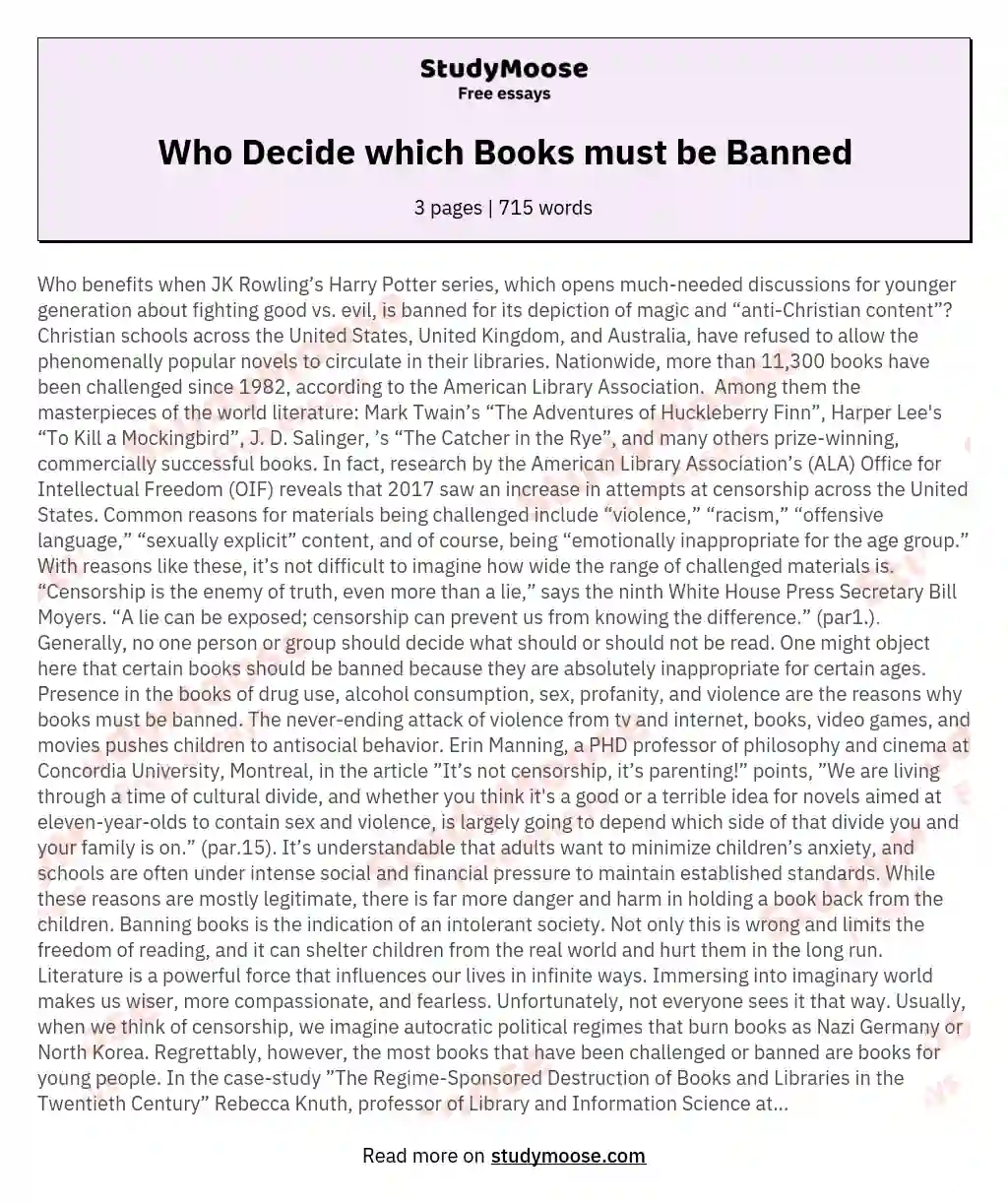 Who Decide which Books must be Banned essay
