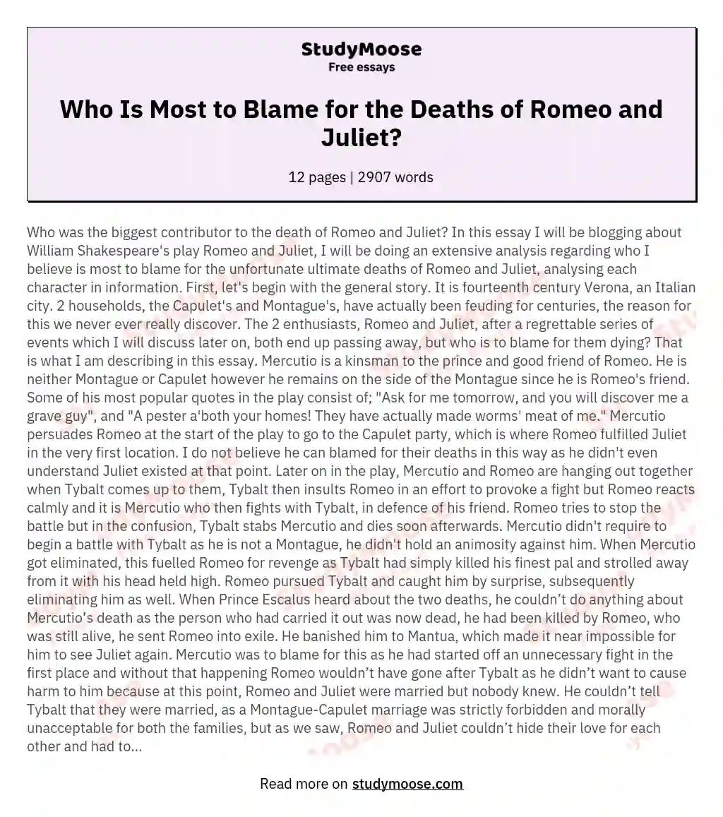 who is to blame for romeo and juliets death essay