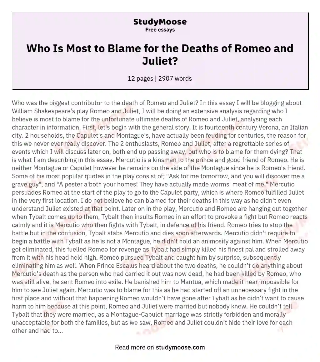 romeo and juliet essay who is to blame for the death