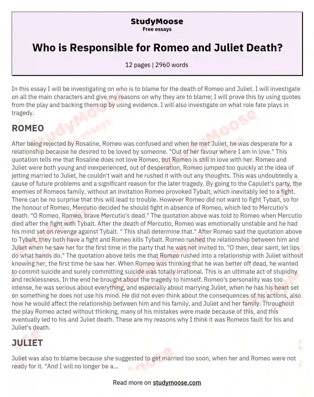 who is responsible for romeo and juliet's death essay