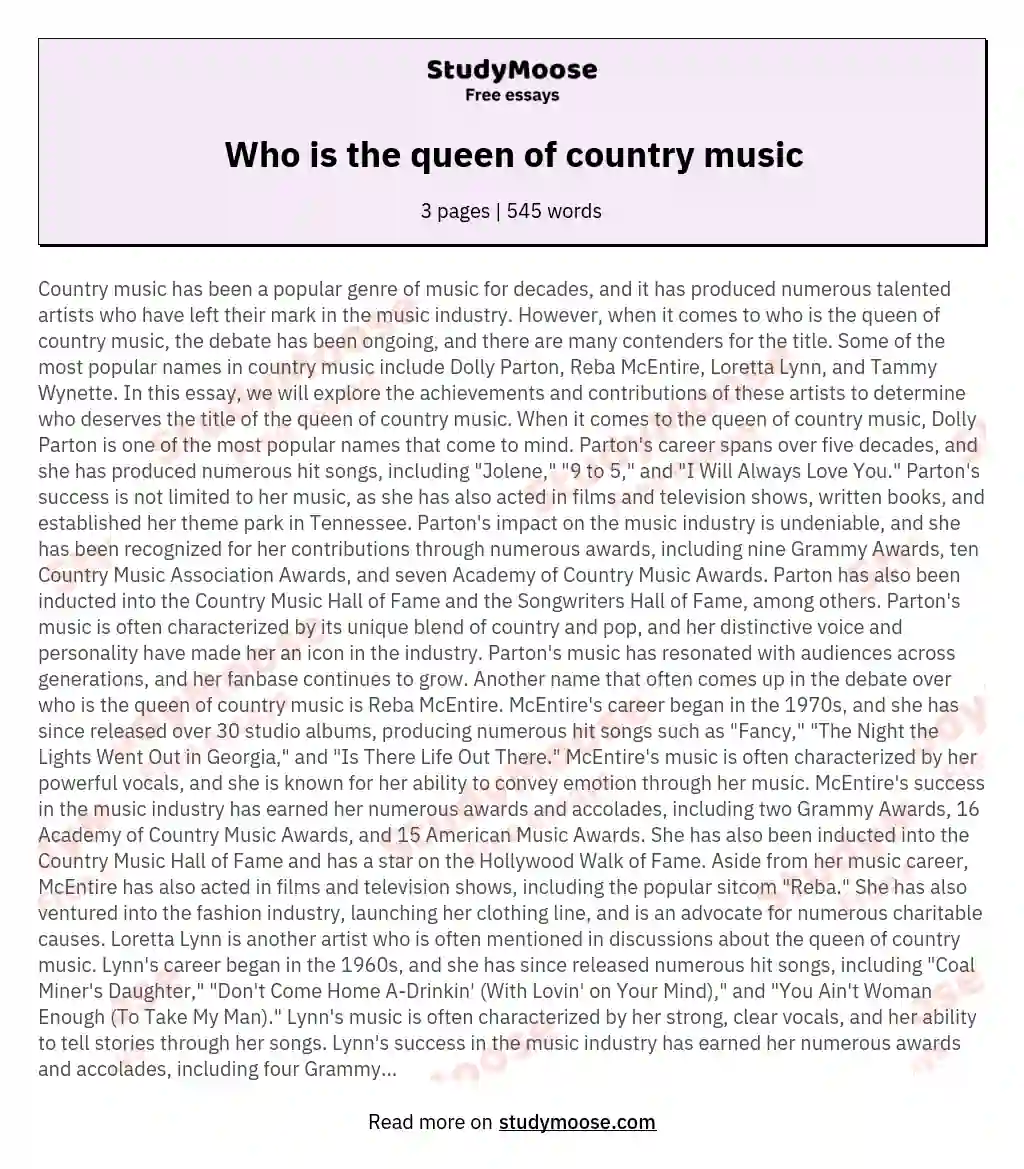 Who is the queen of country music essay