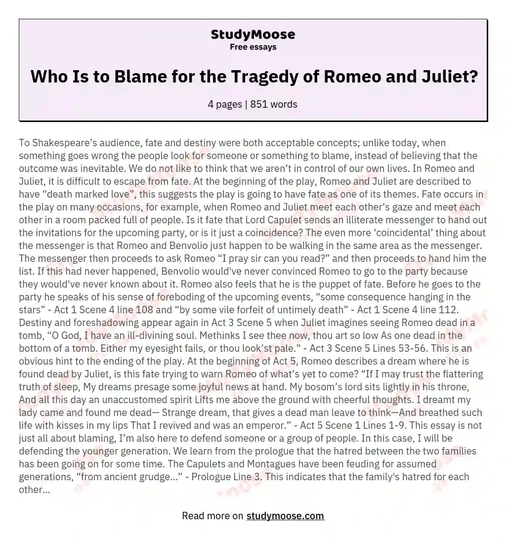Who Is to Blame for the Tragedy of Romeo and Juliet?