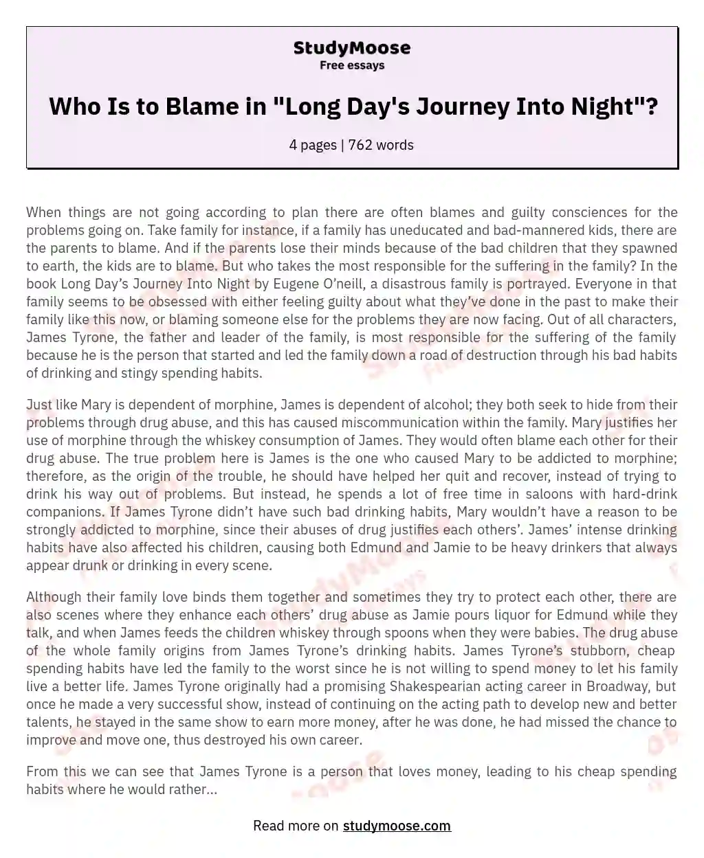 Who Is to Blame in "Long Day's Journey Into Night"? essay