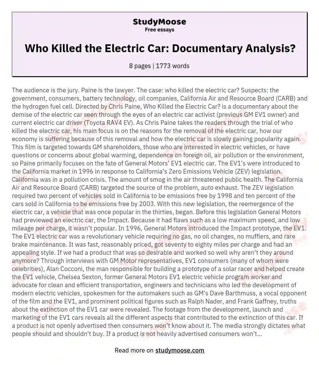 Who Killed the Electric Car: Documentary Analysis? essay