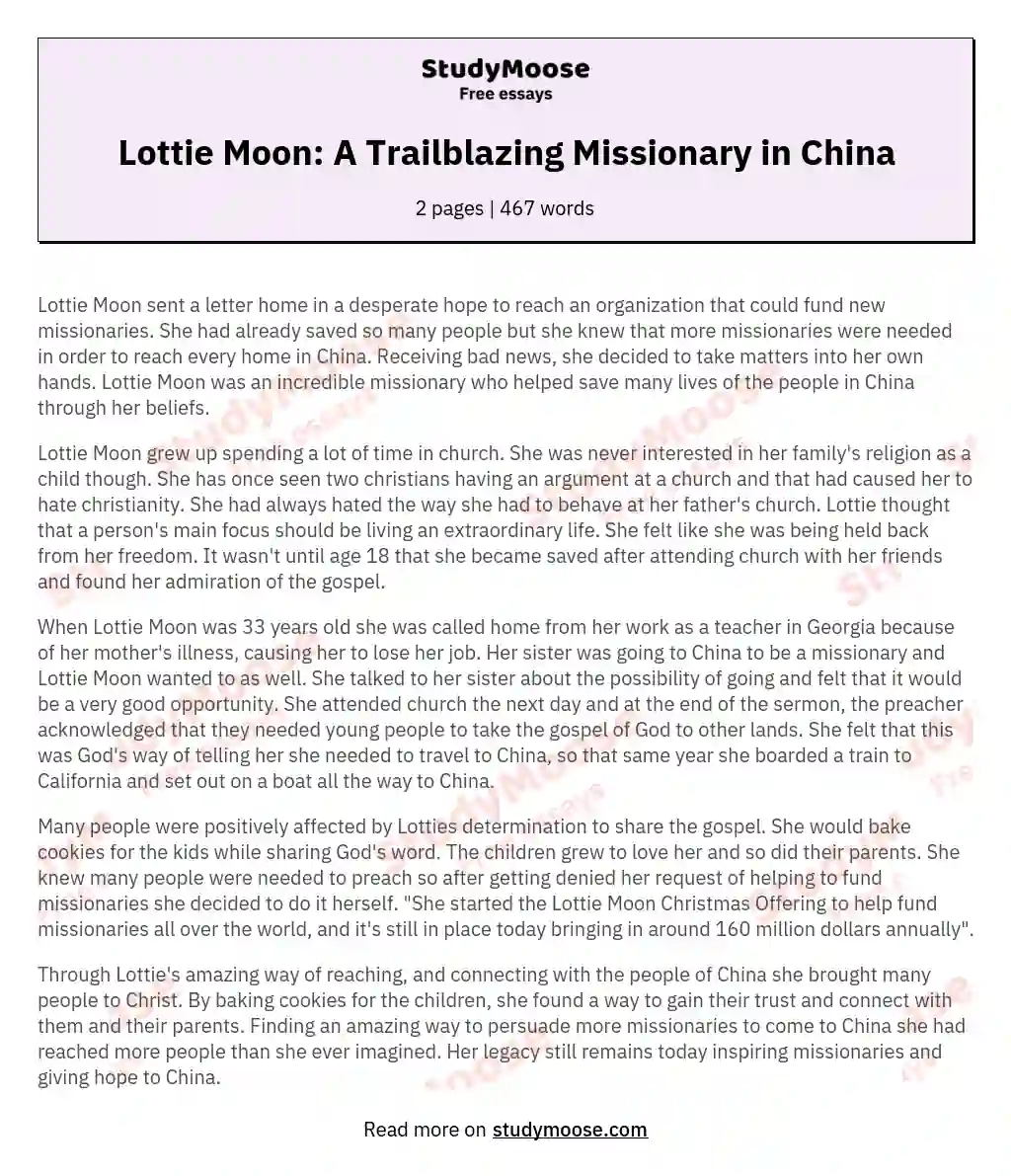 Lottie Moon: A Trailblazing Missionary in China essay