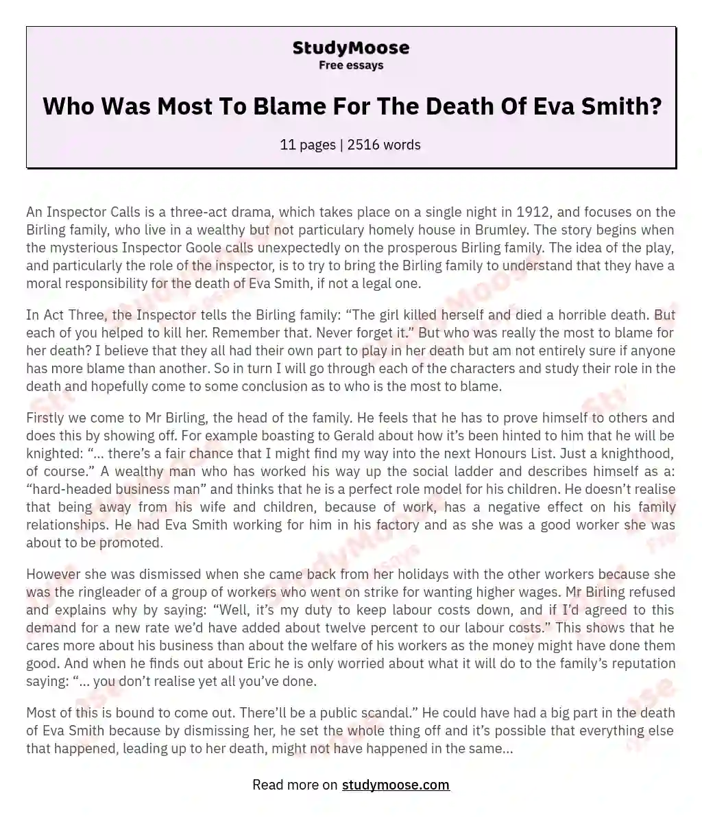 Who Was Most To Blame For The Death Of Eva Smith? essay