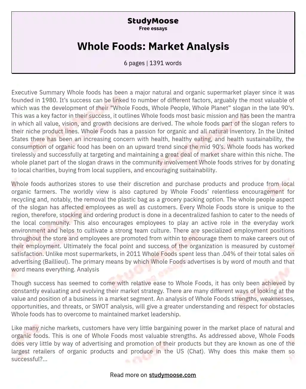 Whole Foods: Market Analysis essay