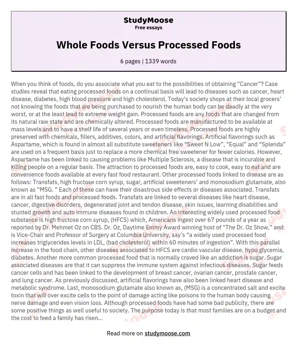 Whole Foods Versus Processed Foods essay
