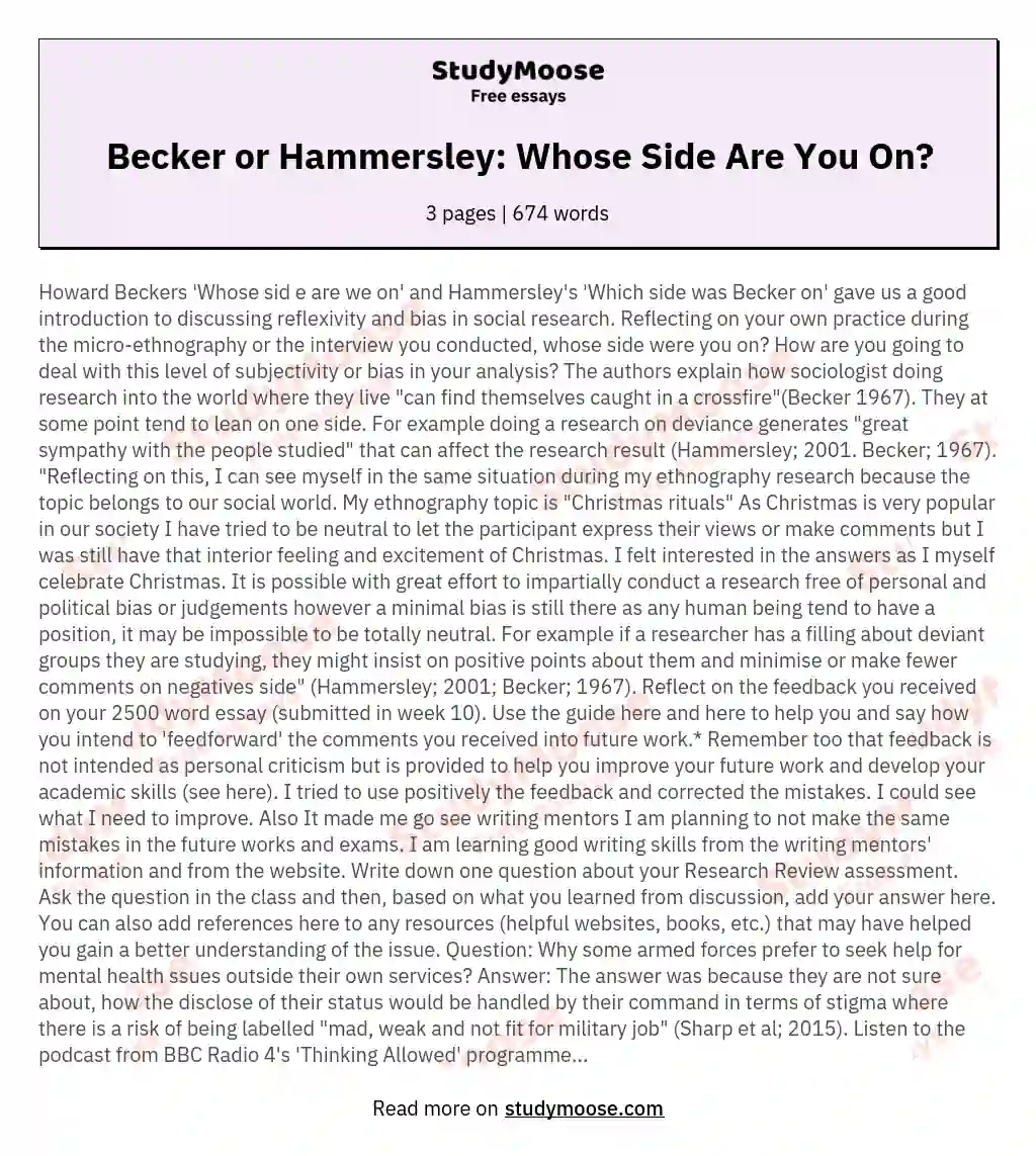 Becker or Hammersley: Whose Side Are You On? essay