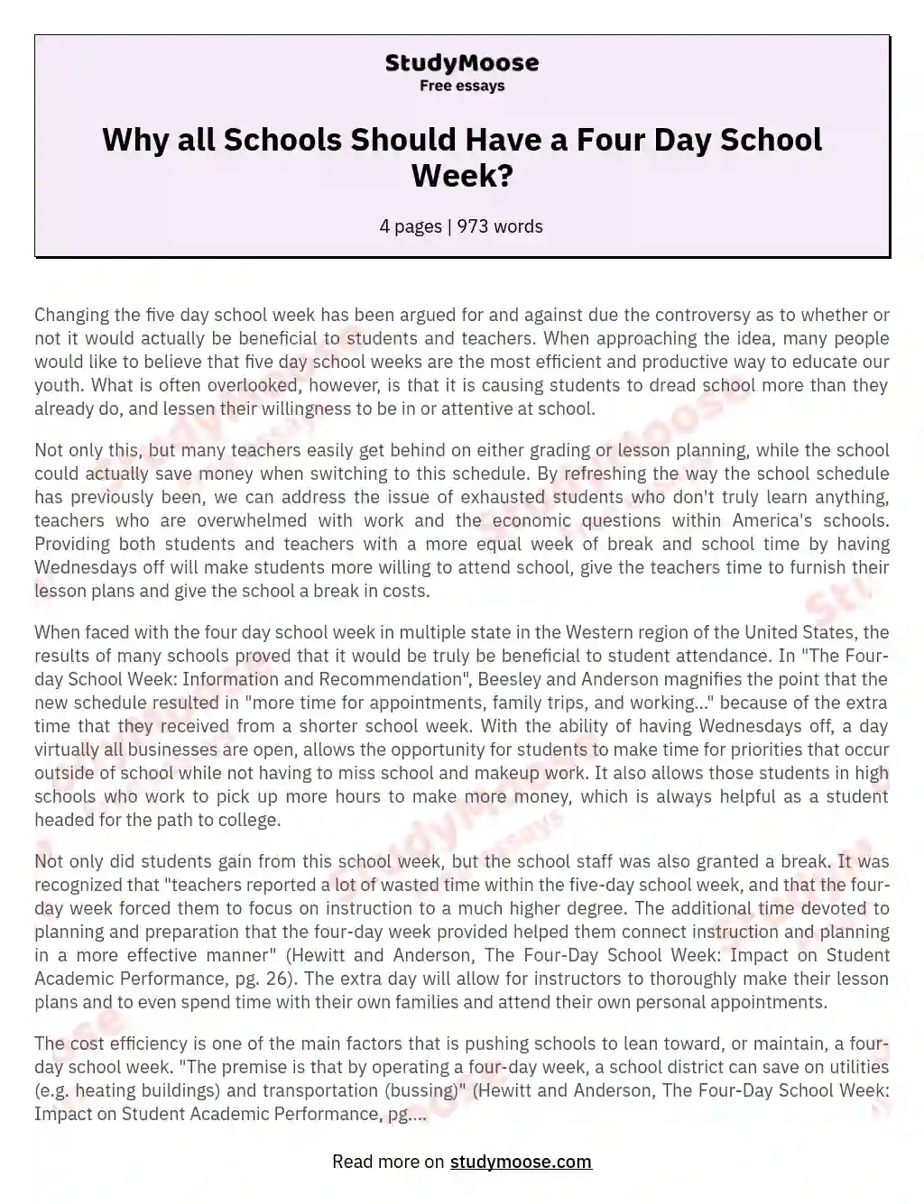 Why all Schools Should Have a Four Day School Week? essay