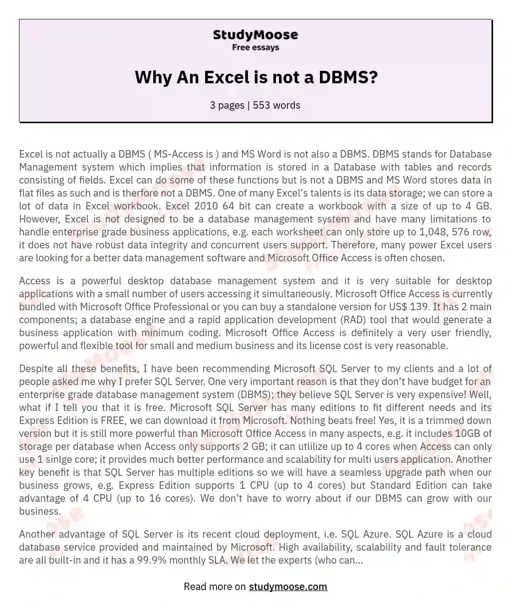 Why An Excel is not a DBMS? essay