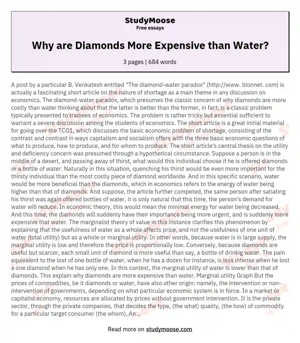 Why are Diamonds More Expensive than Water? essay