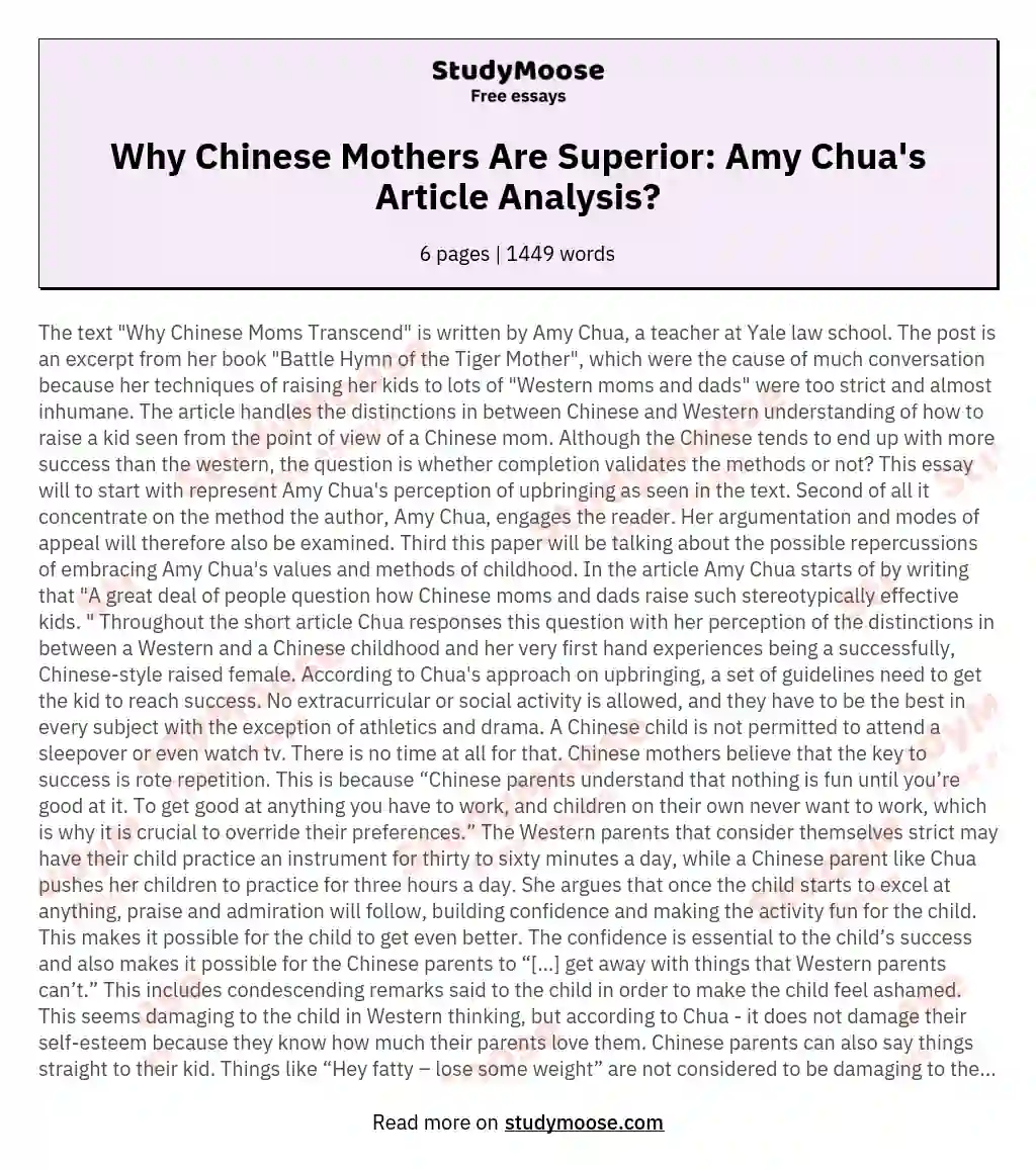 Why Chinese Mothers Are Superior: Amy Chua's Article Analysis? essay