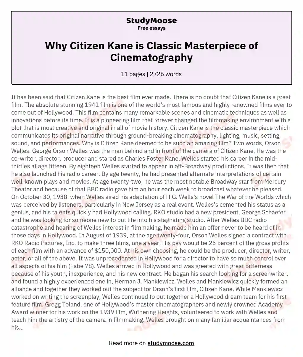 Why Citizen Kane is Classic Masterpiece of Cinematography essay