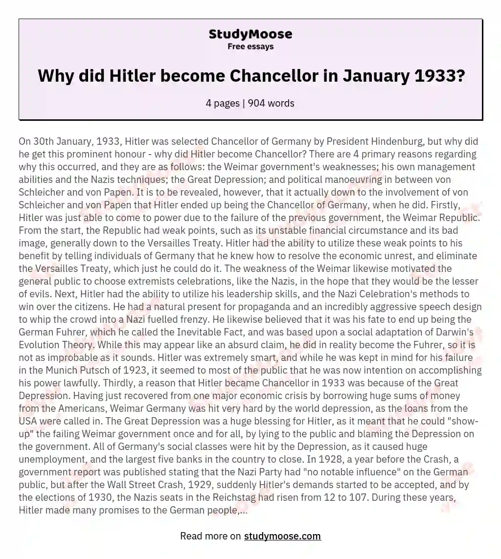 Why did Hitler become Chancellor in January 1933? essay