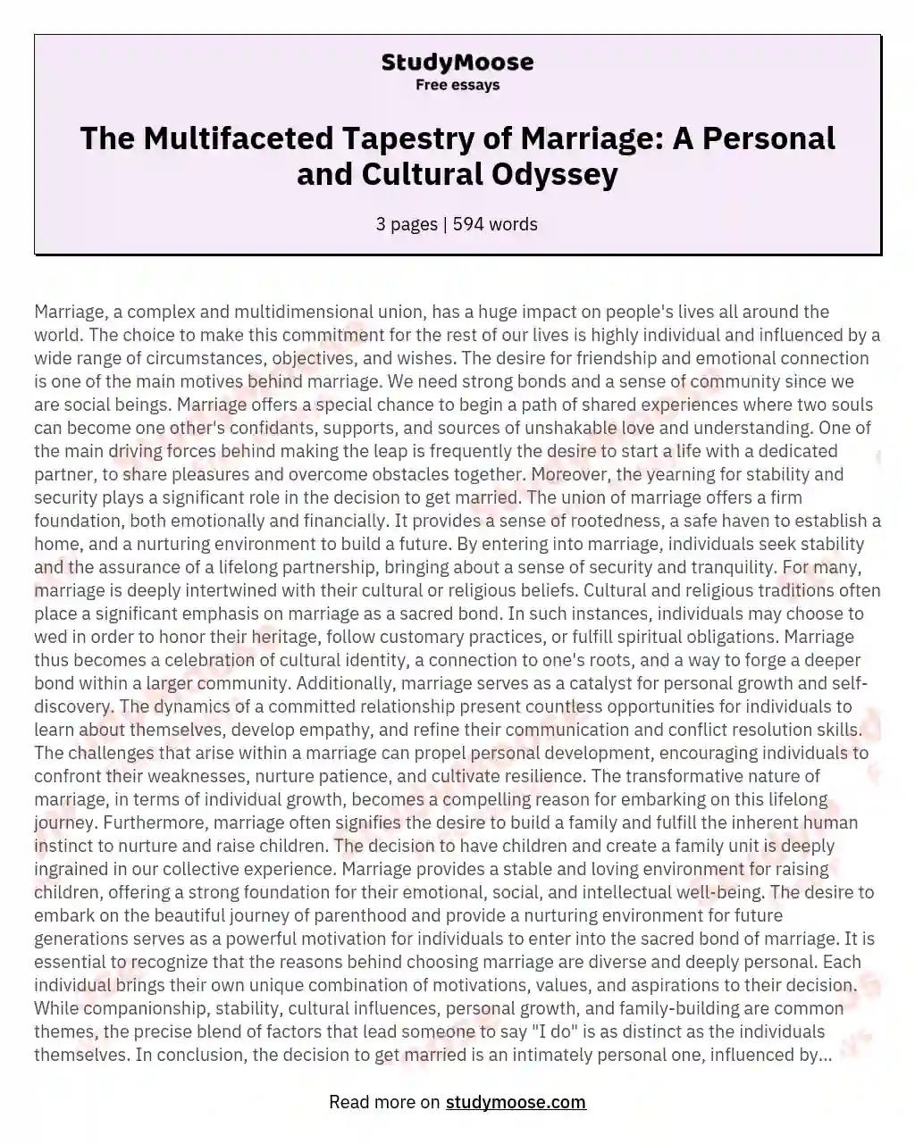 The Multifaceted Tapestry of Marriage: A Personal and Cultural Odyssey essay