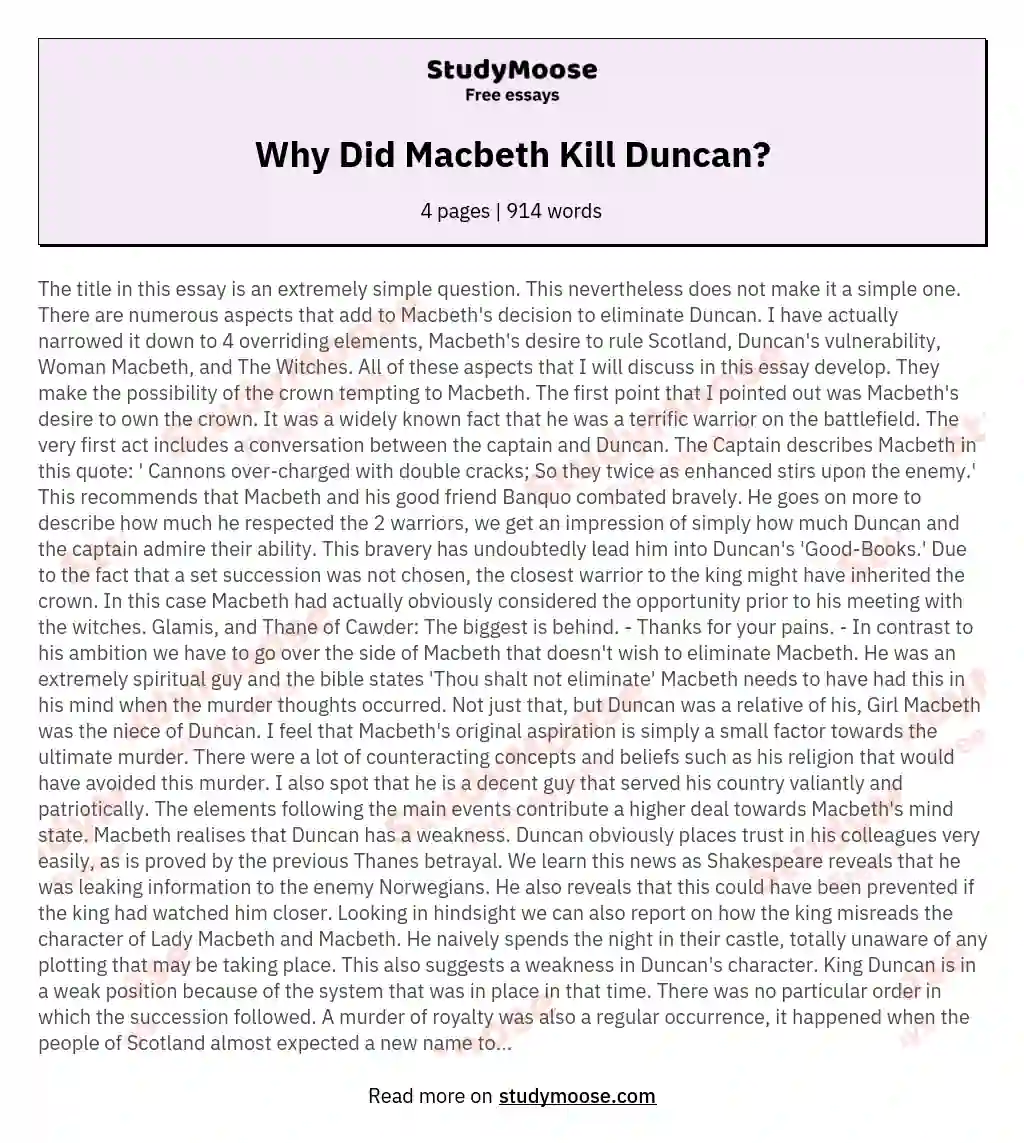 Why Did Macbeth Kill Duncan? essay