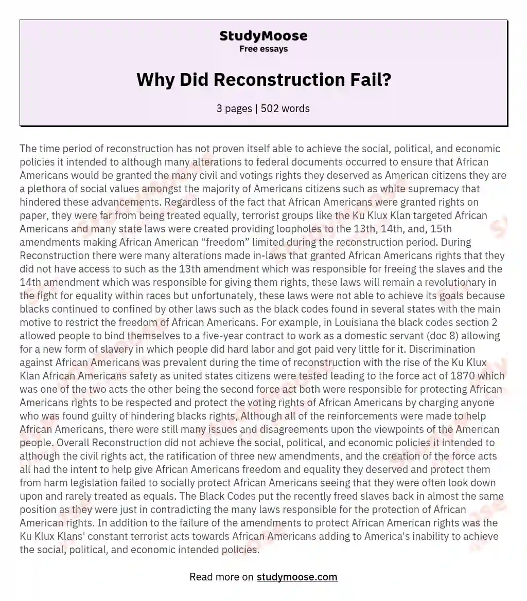 Why Did Reconstruction Fail? essay