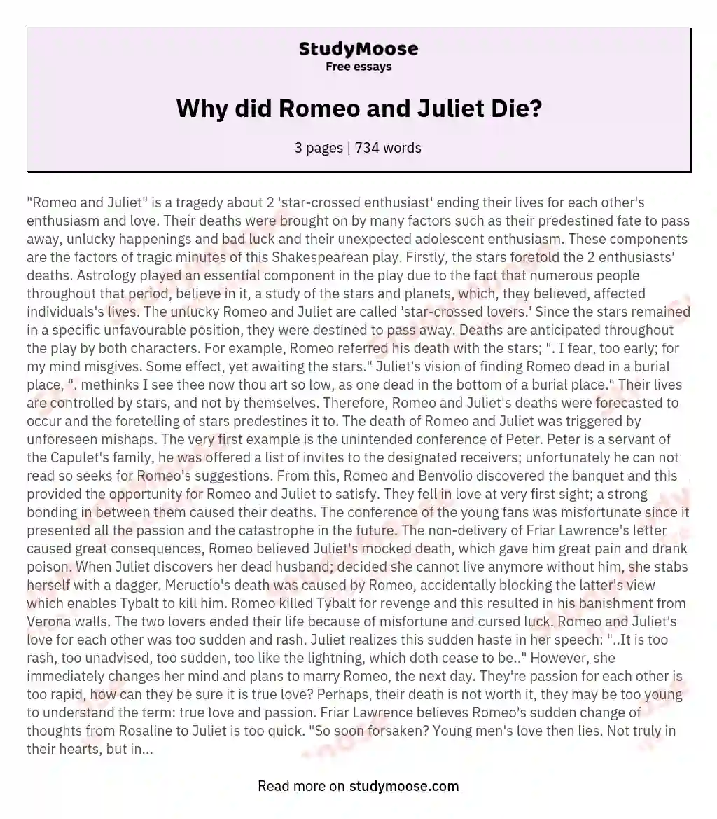 why did romeo and juliet die essay