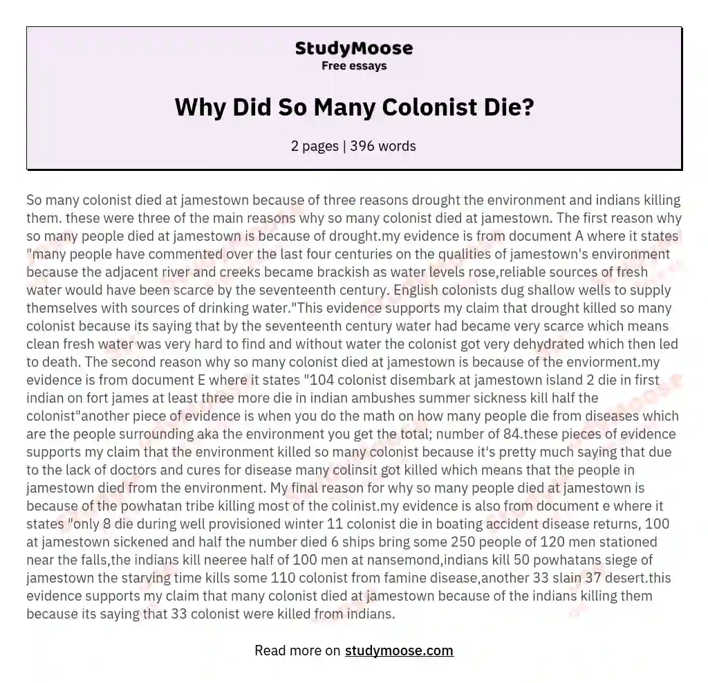 Why Did So Many Colonist Die? essay