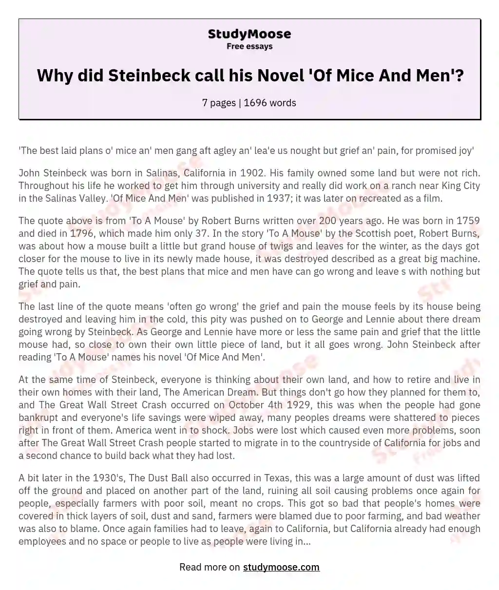 Why did Steinbeck call his Novel 'Of Mice And Men'?