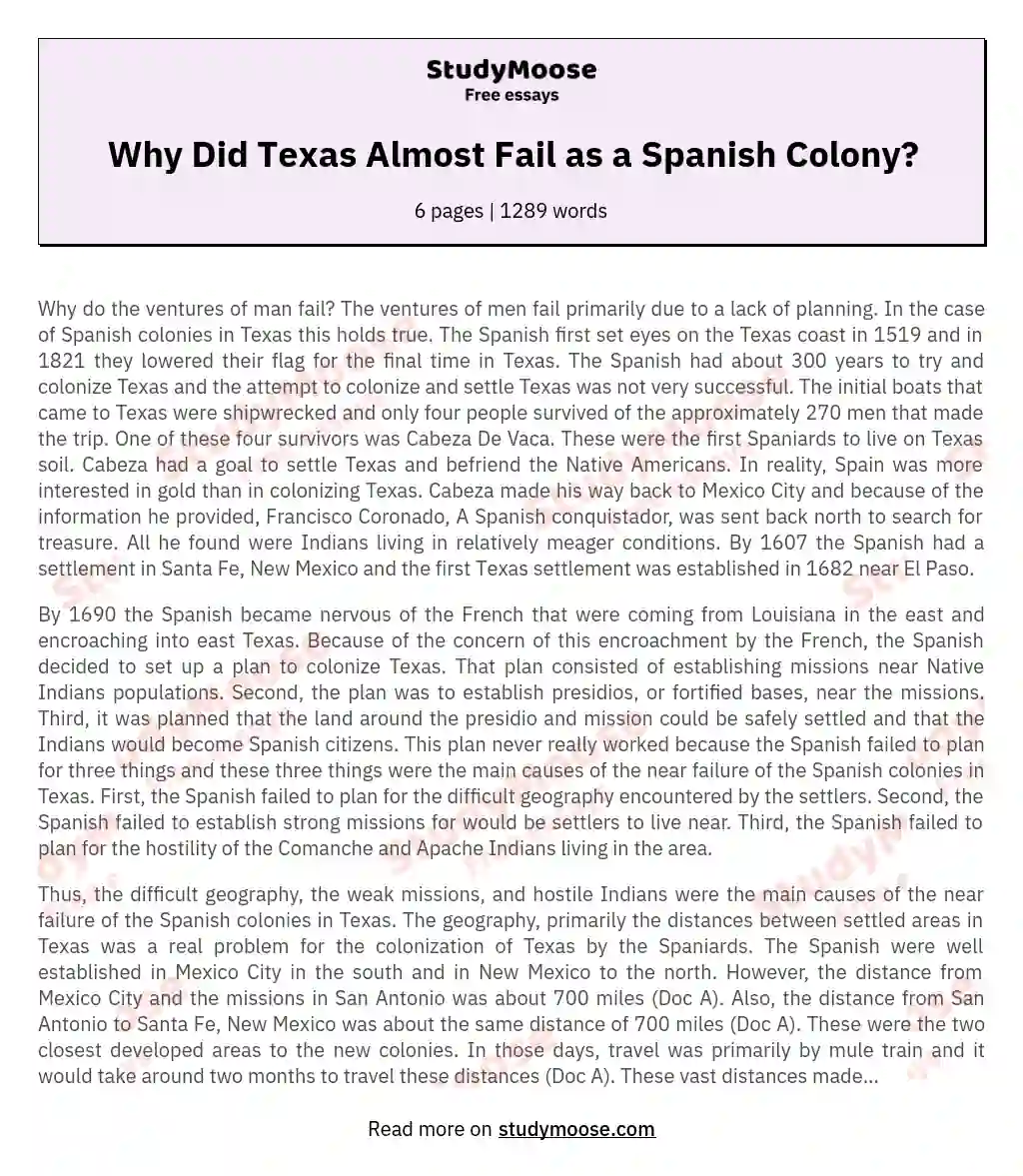Why Did Texas Almost Fail as a Spanish Colony? essay