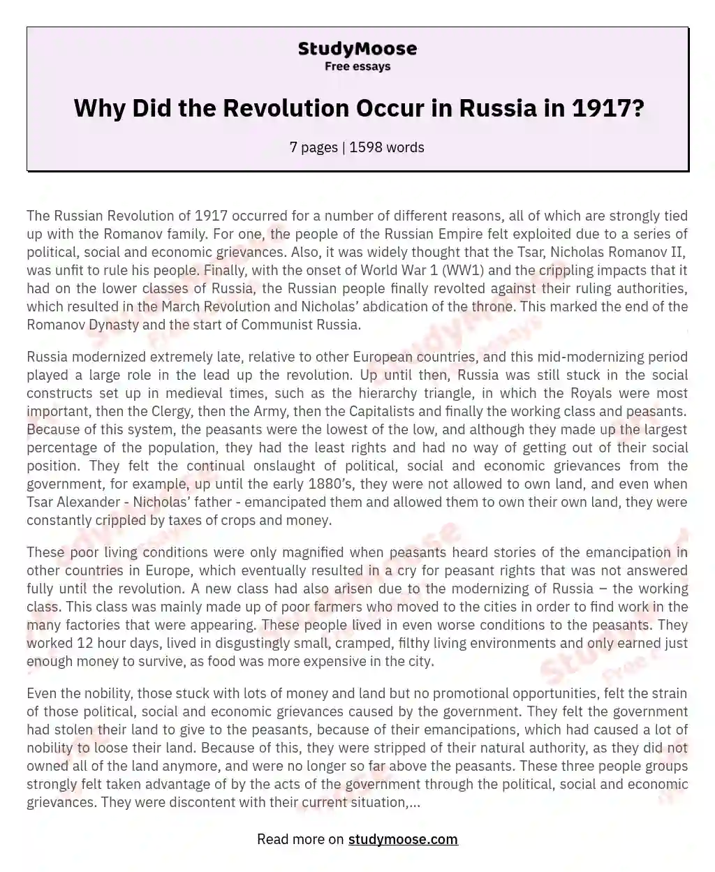 Causes of the 1917 Russian Revolution: Romanov Failures and Social Injustices essay