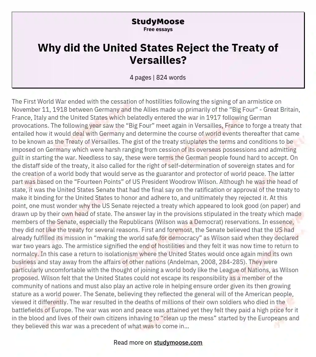 Why did the United States Reject the Treaty of Versailles?