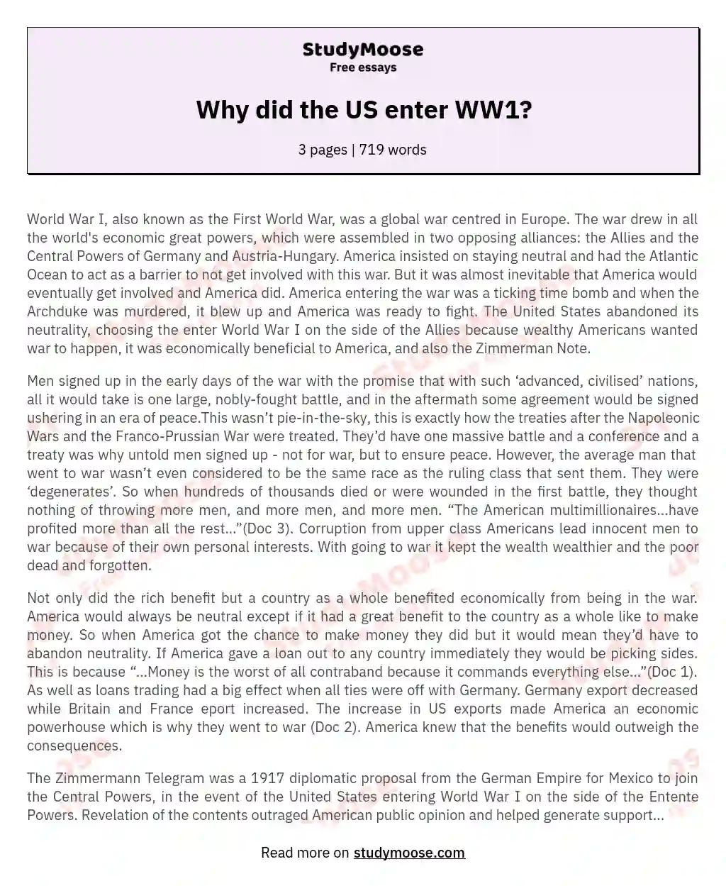 Why did the US enter WW1? essay