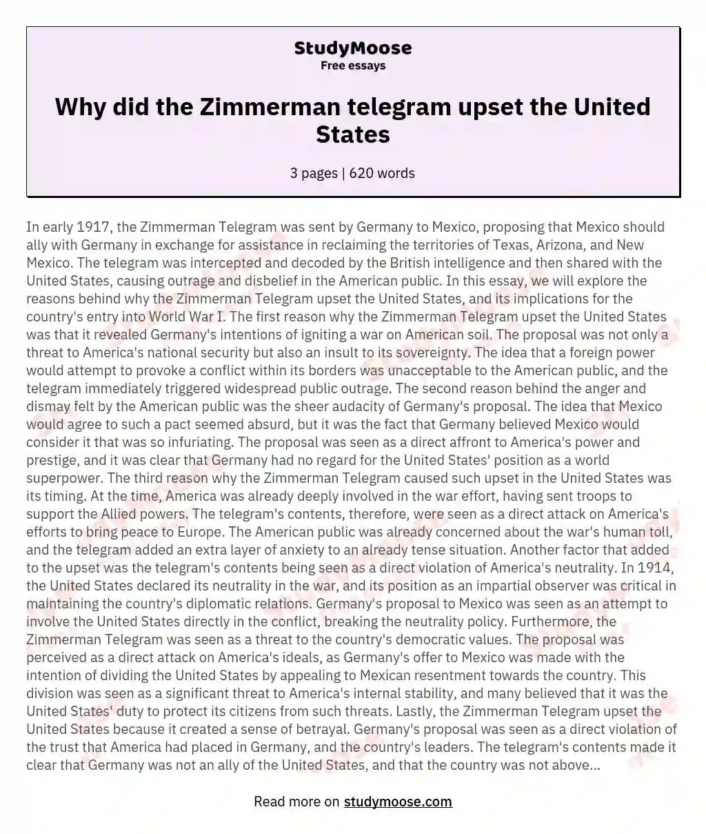 Why did the Zimmerman telegram upset the United States essay