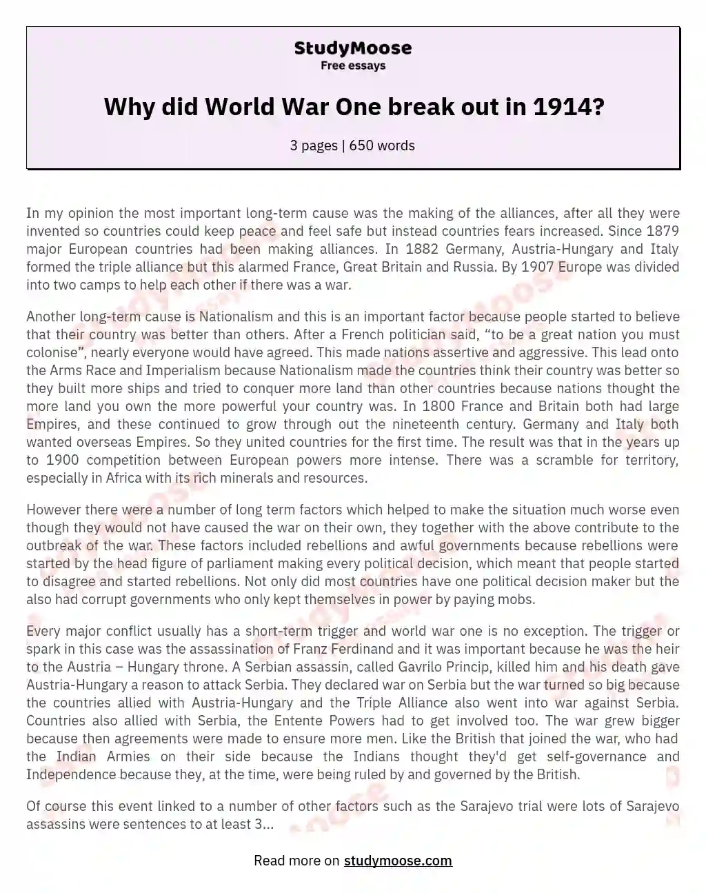 Why did World War One break out in 1914? essay