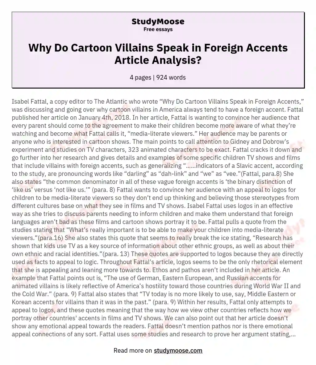 Why Do Cartoon Villains Speak in Foreign Accents Article Analysis?