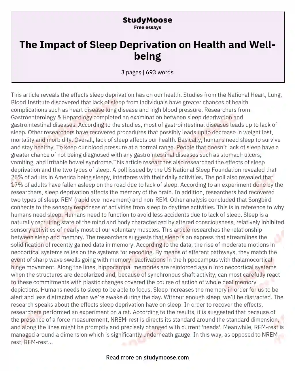 The Impact of Sleep Deprivation on Health and Well-being essay