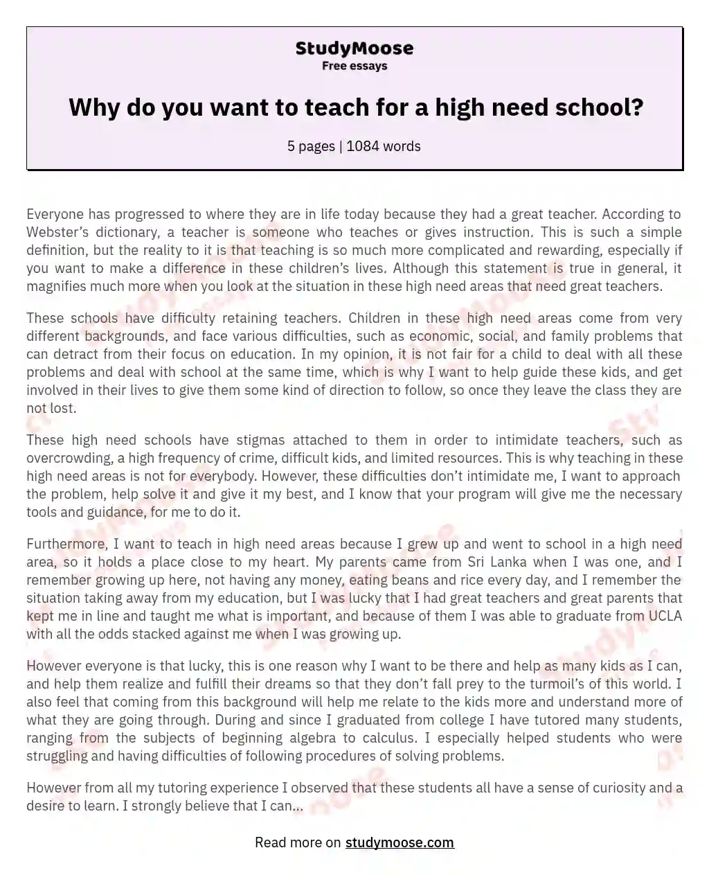 Why do you want to teach for a high need school? essay