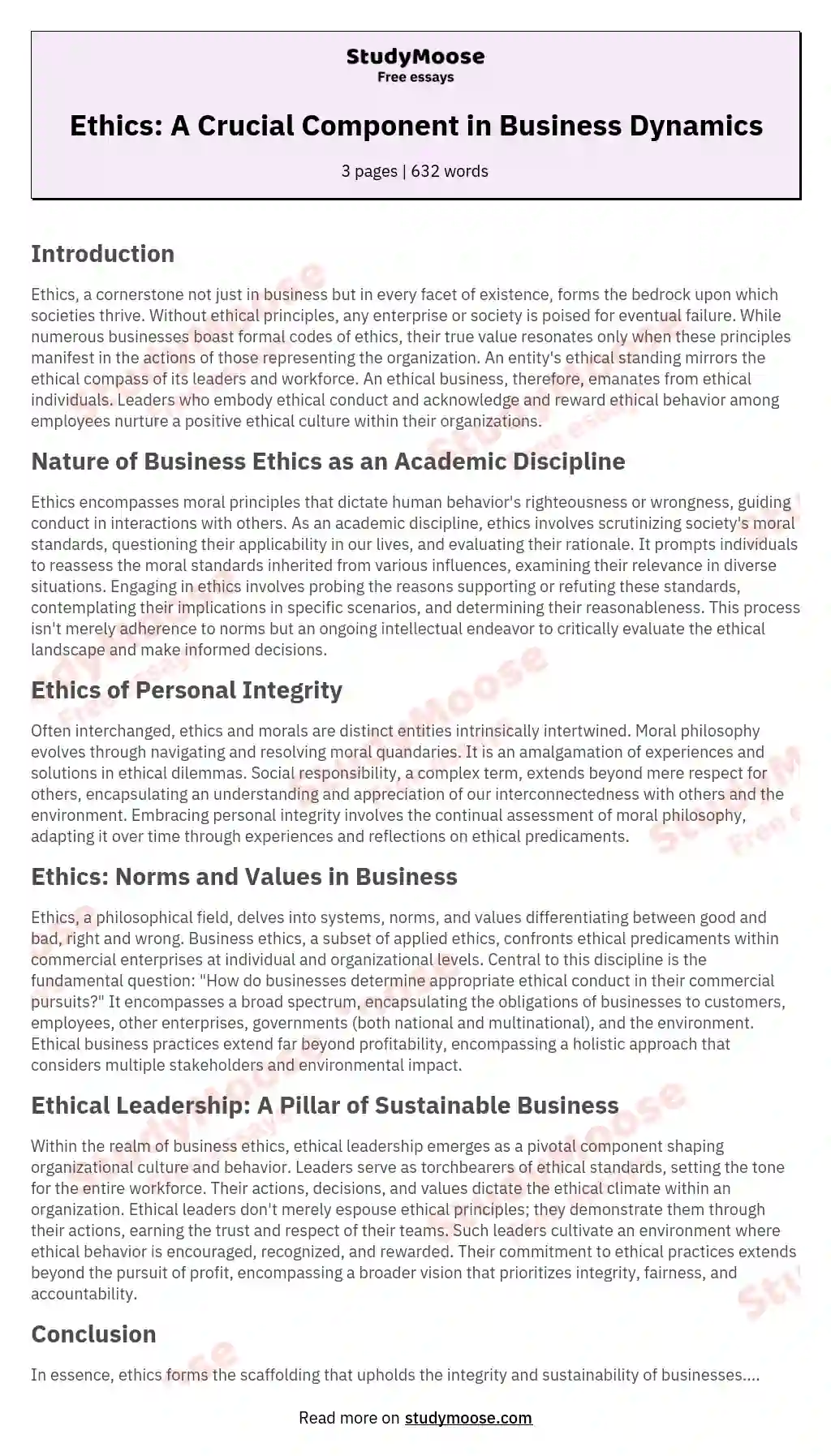 Ethics: A Crucial Component in Business Dynamics essay