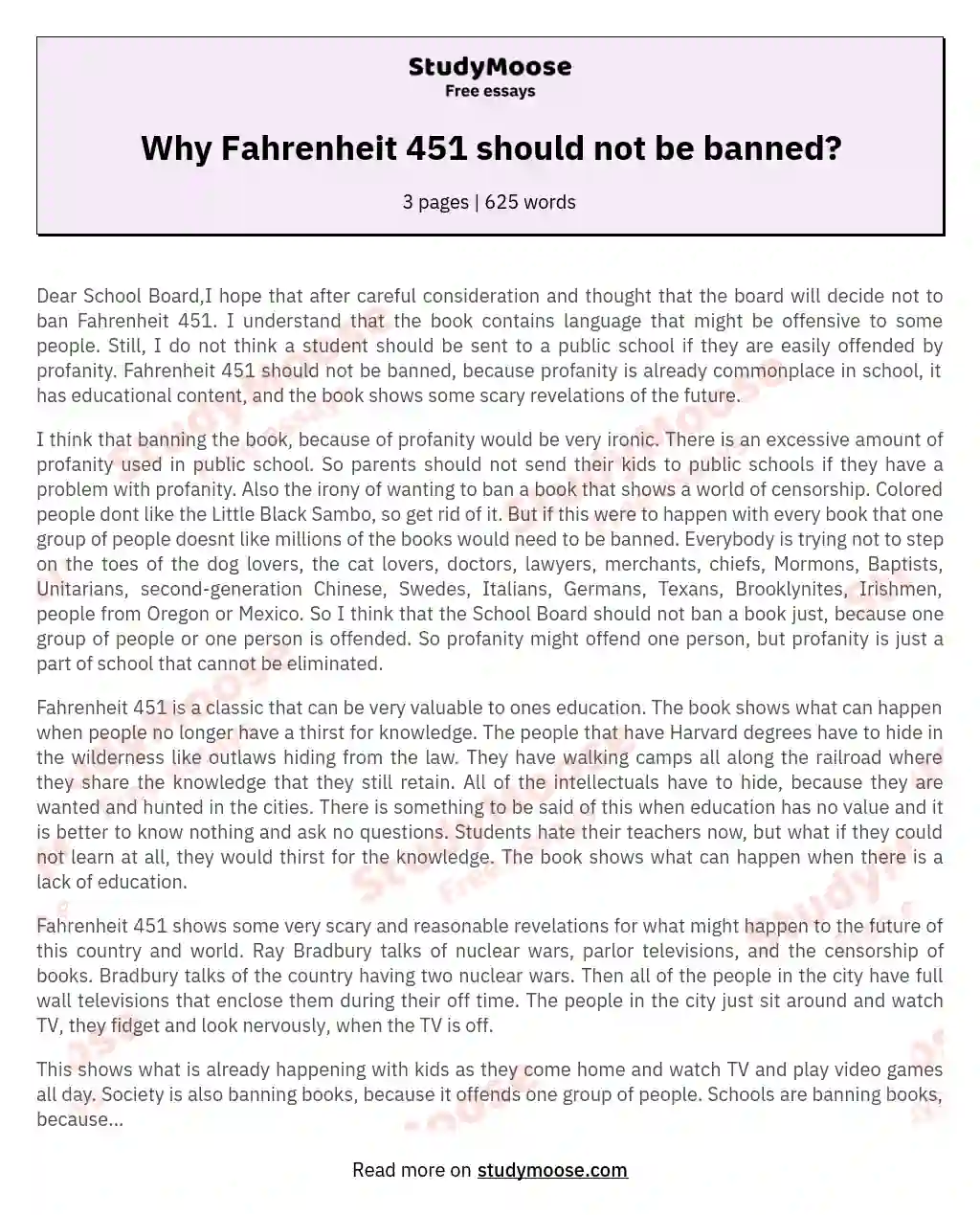 Why Fahrenheit 451 should not be banned?