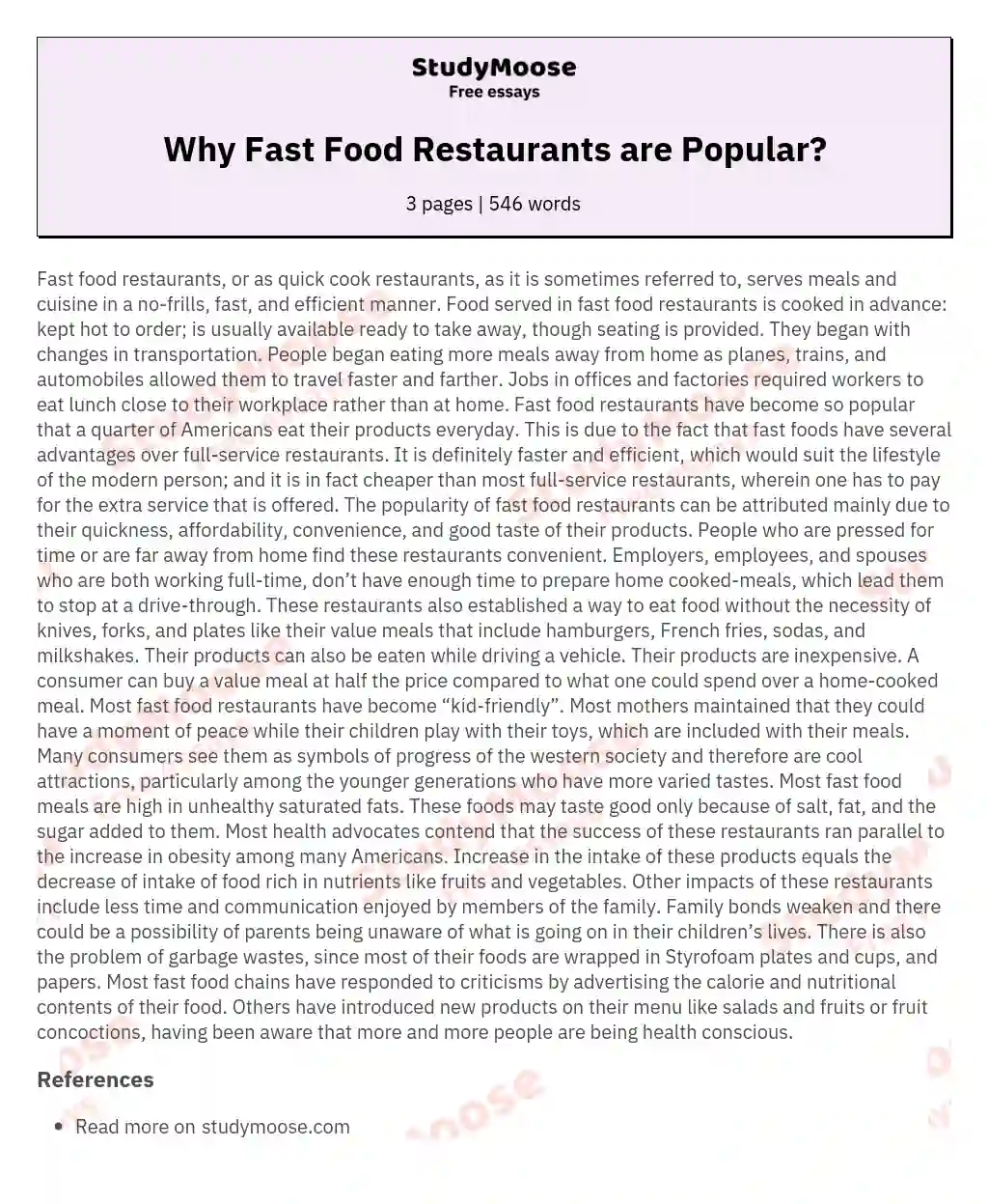 Why Fast Food Restaurants are Popular? essay