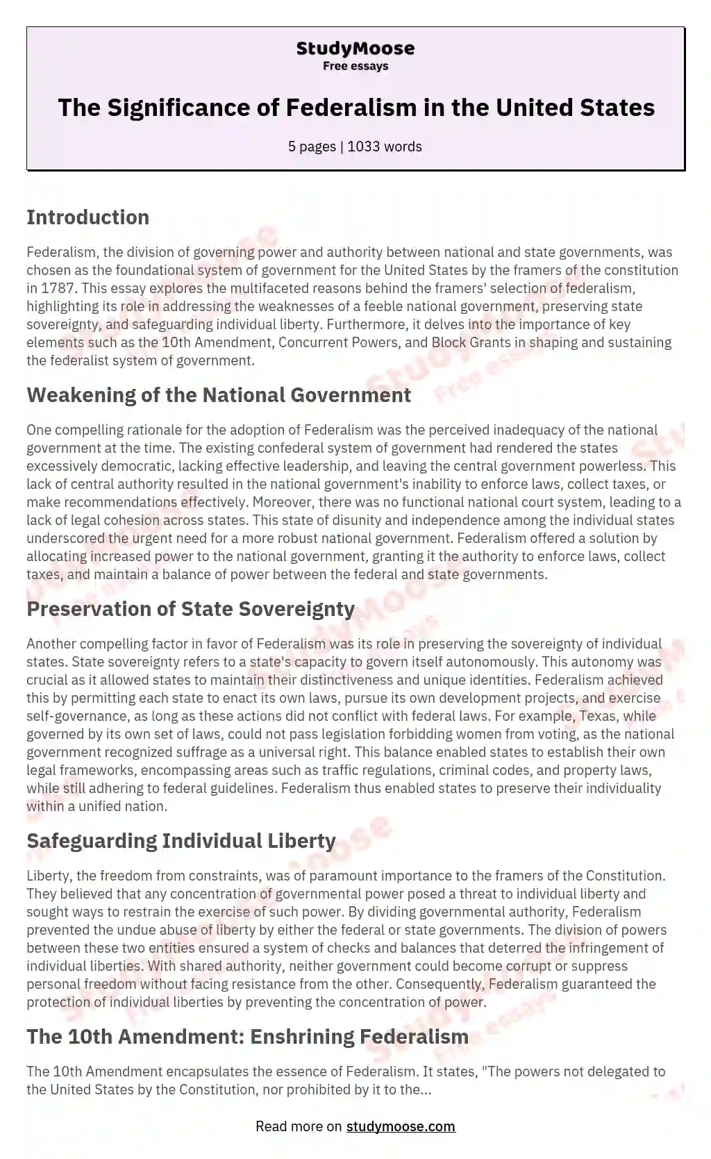 The Significance of Federalism in the United States essay