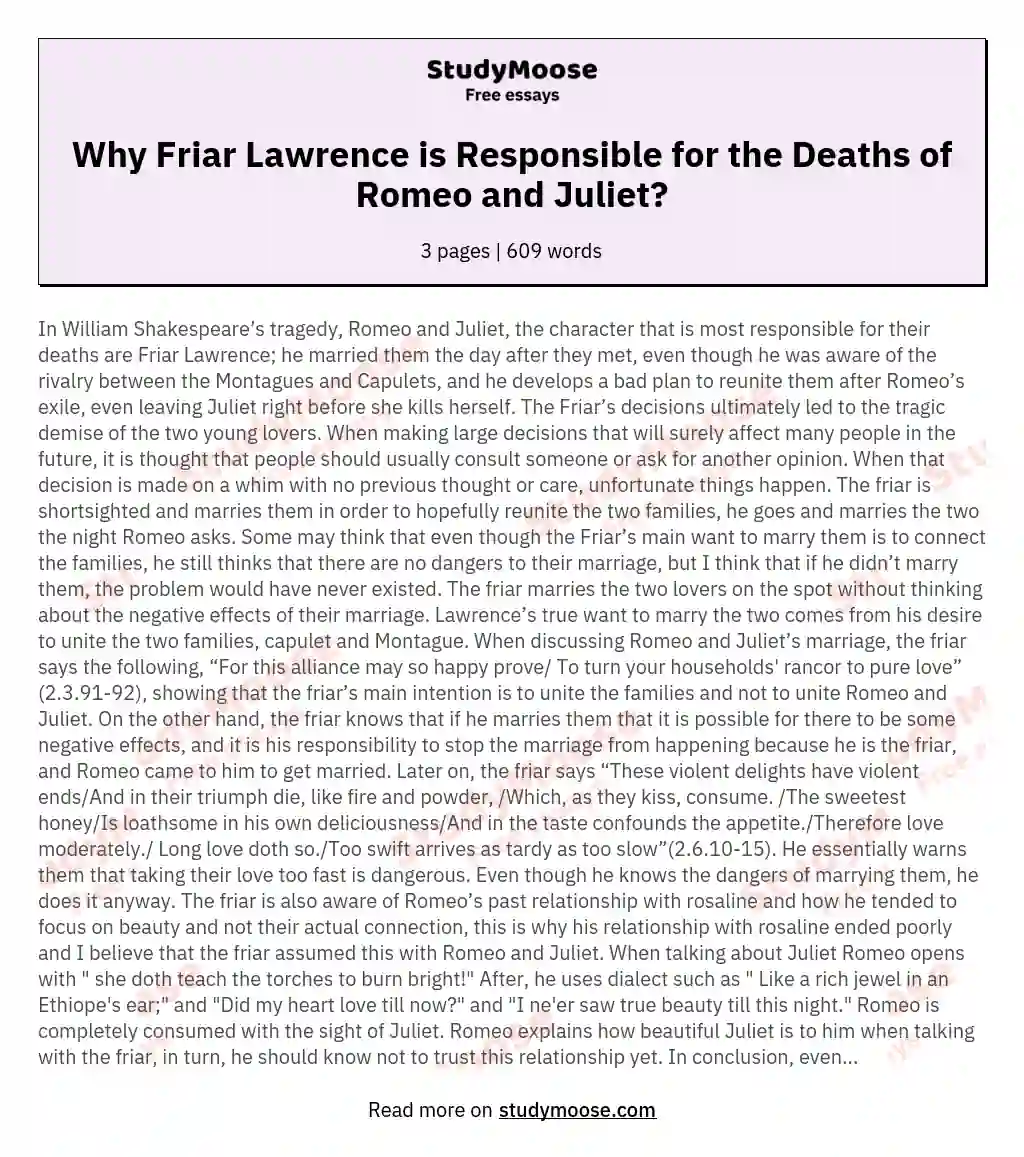 Why Friar Lawrence is Responsible for the Deaths of Romeo and Juliet?