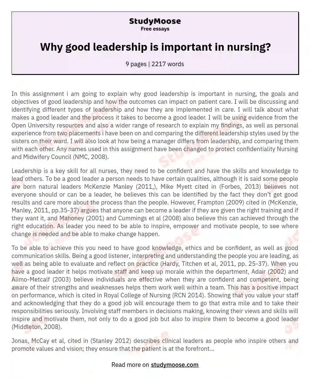 leadership and management nursing reflective essay